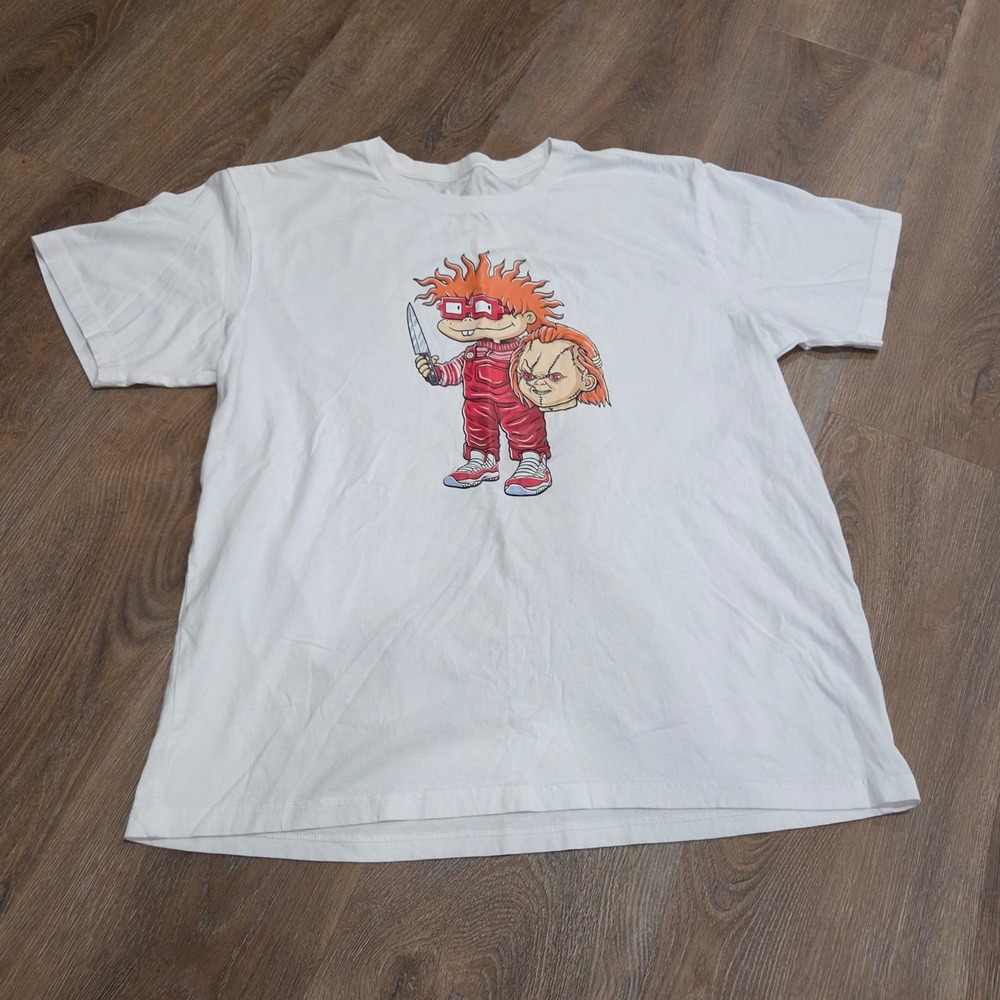 Rugrats Chuckie Chucky Mashup Graphic Tee White 0XL Cotton Blend Short Sleeve